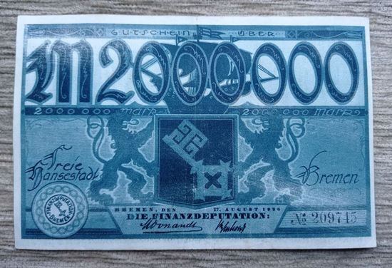 Werty71 Германия 2000000 марок 1923 банкнота Бремен 2 миллиона