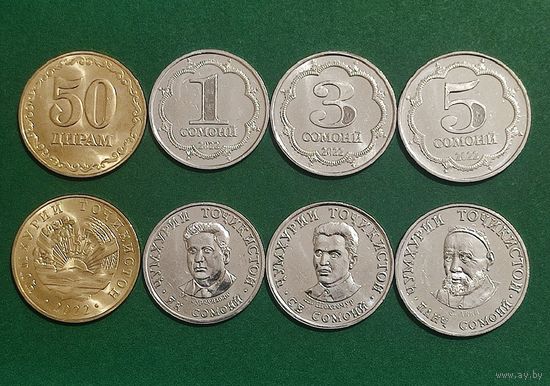 Таджикистан 50 дирам, 1, 3, 5 сомони 2022 г. Комплект 4 монеты