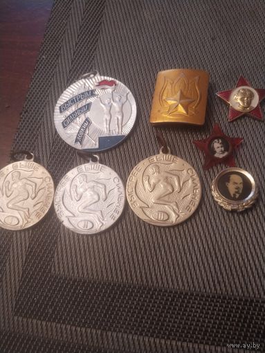 Значки,спортивные медали,пряжка пионера СССР.