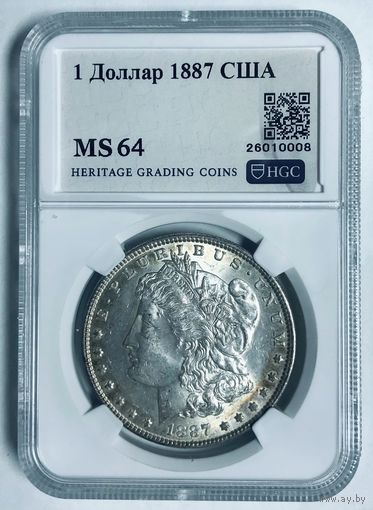 1 доллар 1887 Морган ms 64 крупное серебро США