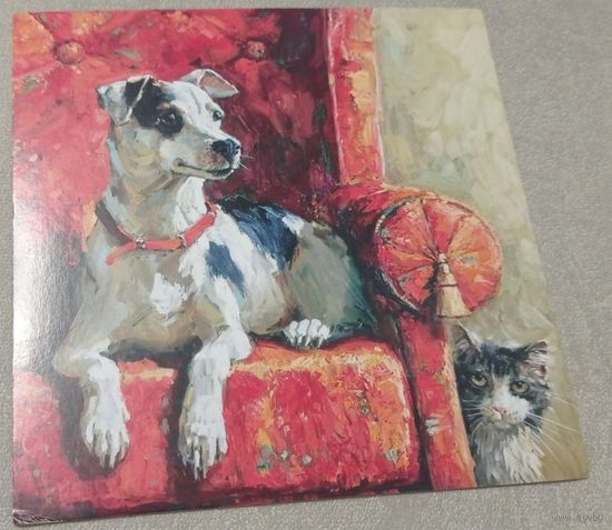 Посткроссинг. Открытка "Красное кресло", худ.Мария Павлова (15х15). Прошла почту. Художественные марки, чёткий штемпель.