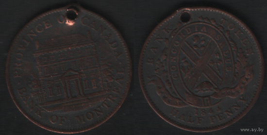 Канада токен Монета 1-2 пенни. 1844 год, Канада. Банк Монреаля. Банковский токен (6873_