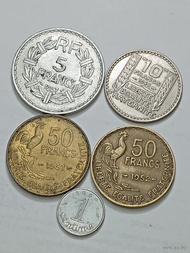 Франция 5 франков 1947 , 10 франков 1948 , 50 франков 1951 и 1951 года , 1 сантим 1969 года .