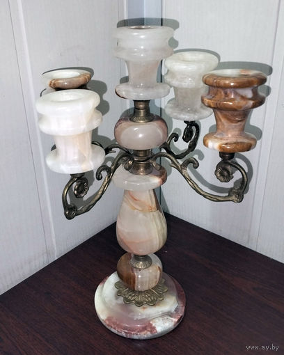 Подсвечник - канделябр на 5 свечей,  оникс, латунь.