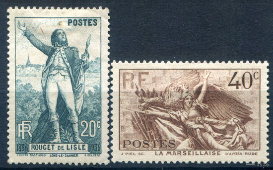 Франция - 1936г. - Клод Жозеф Руже де Лиль, композитор - 2 марки - полная серия, MH, 1 марка с пятнышками на лицевой стороне [Mi 319-320]. #2-Fr-51-A-2