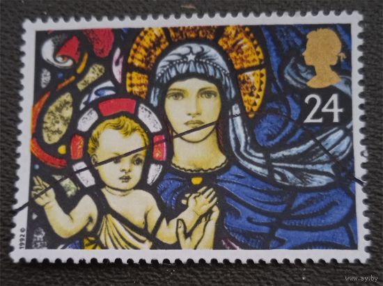 Лот 232 Великобритания (1992) Рождество - витражи. Мадонна с младенцем, собор  Святой Марии Бибери GB1422