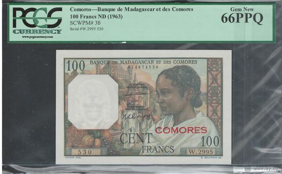 Коморы Коморские острова 100 франков 1963 года. Тип Р-3b. Состояние UNC! В слабе PCGS 66