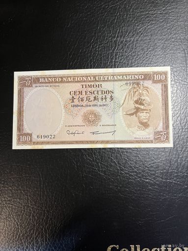 Тимор. 100 эскудо (образца 1963 года, P28, подпись 9, aUNC)