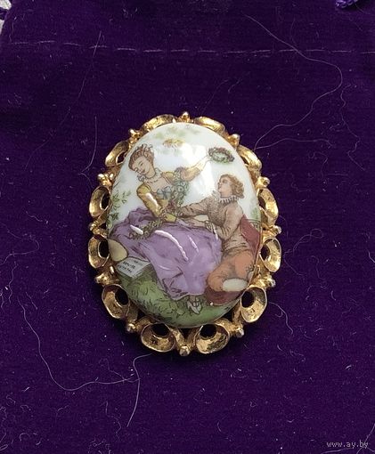 Брошь Свидание Лимож Limoges Франция ручная подрисовка