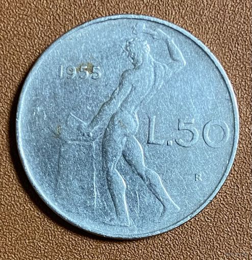 Монета 50 лир 1955 год. Италия. С рубля без МЦ.