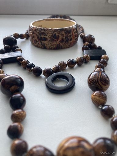 Бижутерия, винтаж, браслет и бусы, дерево