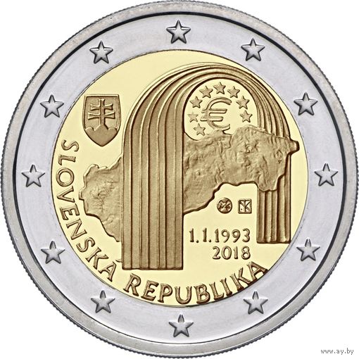 Словакия 2 евро 2018 года  25 лет Словацкой Республике  UNC из ролла