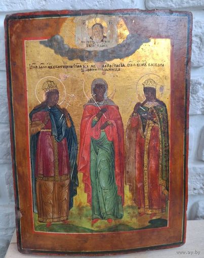 Икона на золоте, темпера, 19 век. Святые Великомученицы Екатерина, Анастасия, Варвара