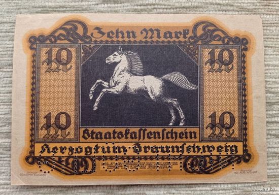 Werty71 Германия 10 марок 1918 aUNC банкнота БРАУНШВЕЙГ конь Лошадь