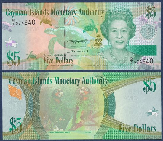 Каймановы острова (Кайманы), 5 долларов 2018 г, P-39 (D|3, королева Елизавета II, каймановы попугаи), UNC