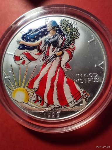 1 доллар 1999 США. Серебро 31,1. В раскраске. + капсула + Футляр + Сертификат. С рубля. Редкость.