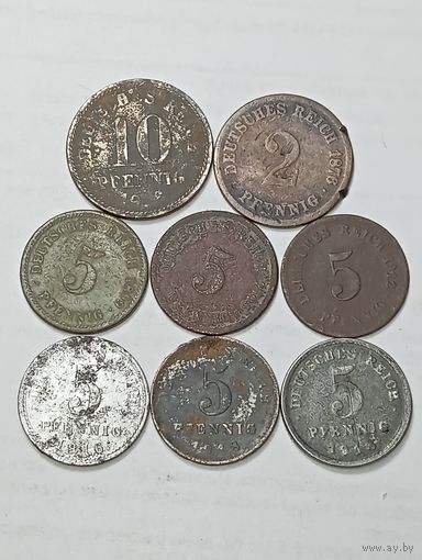 Германия 2 пфеннига 1876 , 5 пфеннигов 1899,1905,1912,1916,1918,1918 D года и 10 пфеннигов 1919 года .