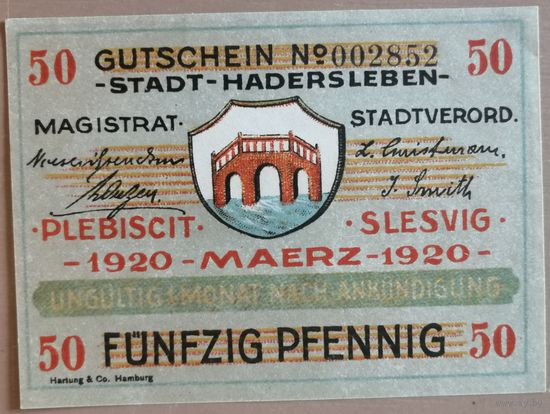 Германия 50 пфеннигов 1920 г Хадерслебен (Hadersleben) H1.6, B5, aUNC