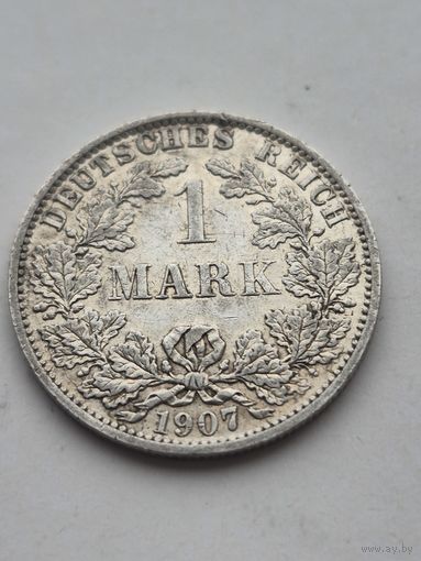 1 марка 1907 года. Германия. Вильгельм II. Серебро 900. Монета не чищена. 45431