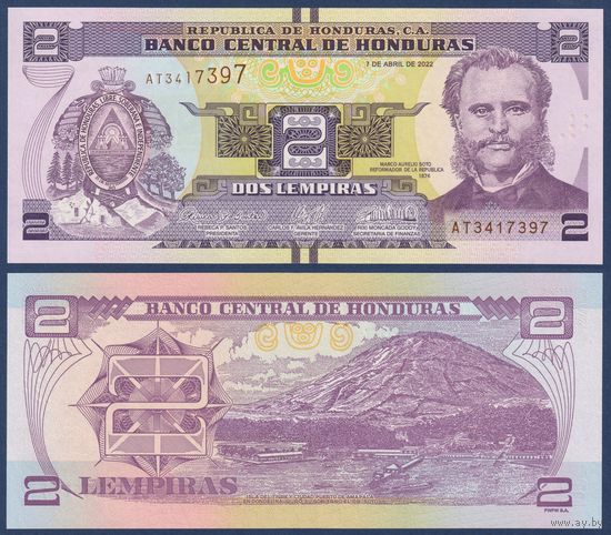 Гондурас, 2 лемпиры 2022 г., P-97 (AT, президент Марко Аурелио Сото, остров-вулкан Тигре), UNC