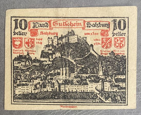 Нотгельды Австрия Зальцбург , 10 геллеров 1920 год