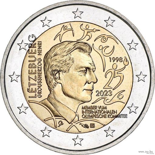 2 евро 2023 Люксембург 25 лет принятия Анри в состав Международного олимпийского комитета UNC из ролла