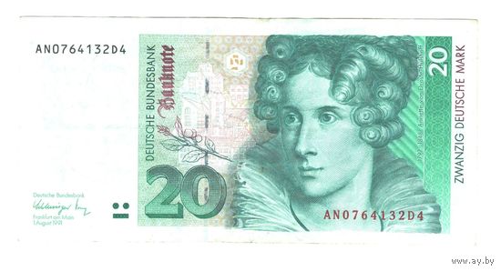 Германия ФРГ 20 марок 1991 года. Тип P 39a. Состояние XF