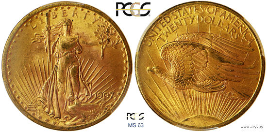 20 долларов 1907 !!! Saint Gaudens. США. PCGS MS 63. Редкие! Золото. KM# 127