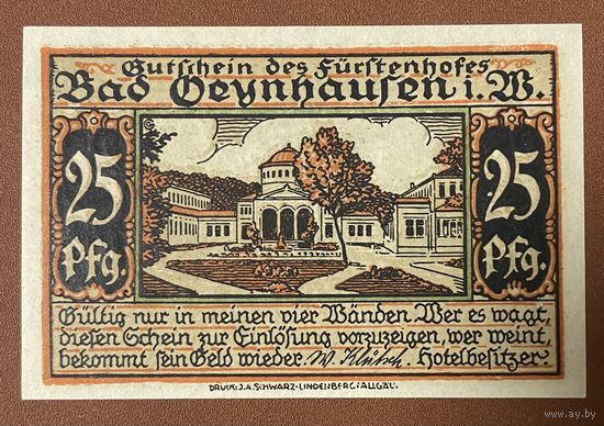 Нотгельд 25 пфеннигов 1921 год. Бад-Эйнхаузене. Веймарская республика