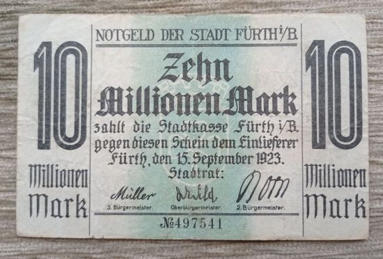 Werty71 Германия 10 миллионов 10000000 марок 1923 Фюрт банкнота гроссгельд