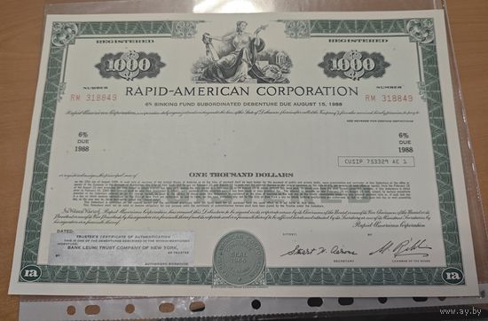 Оригинальная - Акция, ценная бумага. Rapid-American, 1988 года
