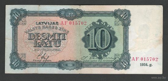 Латвия 10 лат 1934 года. Тип Р-25f. Состояние VF