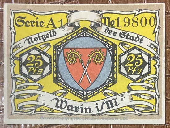 Нодгельд 25 пфеннигов 1922 год. Варин. Веймарская республика