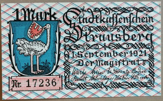 Германия 1 марка 1921 г Штраусберг (Strausberg), 4907, UNC