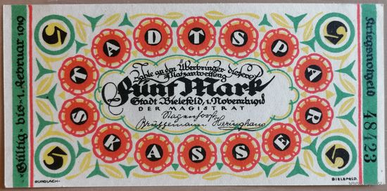 Германия 5 марок 1919 г Билефельд (Bielefeld) В44.3а, UNC
