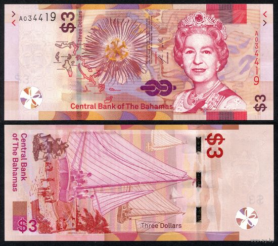 Багамы 3 доллара 2019 г. (P-W78, UNC) Багамские острова 3 доллара 2019 г.