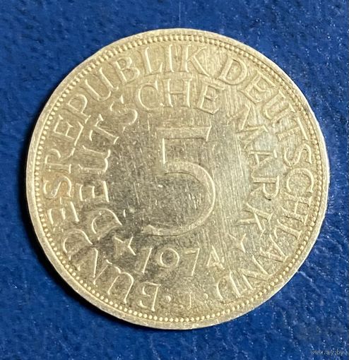 Монета 5 марок 1974 год. ФРГ. Монетный двор Гамбург.