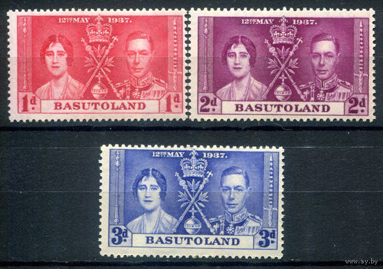 Британские колонии - Басутоленд - 1937г. - коронация короля Георга VI и королевы Елизаветы - 3 марки - полная серия, MLH, лёгкое пожелтение клея [Mi 15-17]. #2-Bc-D-KS-2