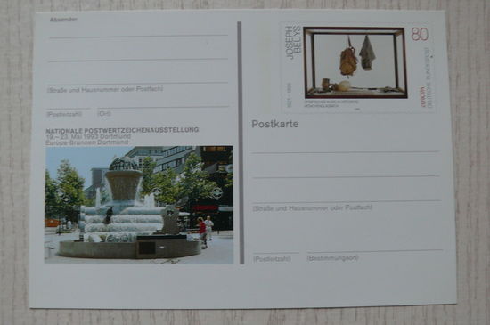 1992, Германия, ПК с ОМ; Национальная выставка почтовых знаков; марка -- Йозеф Бойс, художник.