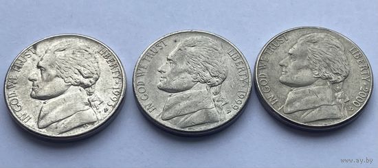 5 центов 1993 г., 1999 г., 2000 г., США. Цена за 1 монету.