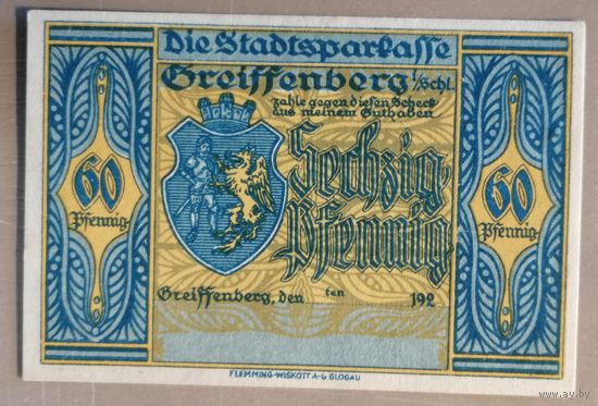 Германия, нотгельды, 60 пфеннигов 1921 год, Грейффенберг (Greiffenberg), не прописан год окончания действия, 470.3b, 192*