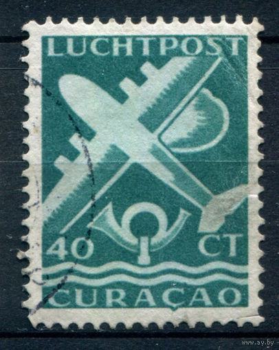 Нидерландские колонии - Кюрасао - 1947г. - авиация, авиапочта, 40 с - 1 марка - гашёная, есть небольшое повреждение перфорации снизу, немного погнут уголок (правый верхний) [Mi 261]. #3-WB-77-A-1