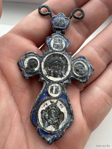 Крестик нательный старинный "Иисус со святыми" с Эмалями Синей и Белой