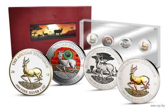 Габон 4х1000 франков 2018г. "Спрингбок 2018 Prestige Set". Монеты в акриловой витрине, подарочном футляре; сертификат; коробка СЕРЕБРО 4х31,10гр.(4 oz).