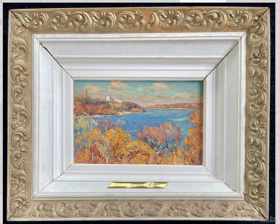 Дьяконов С.Д "Осень над Сожем", 1995г. Картон, масло.Размер 17х26 см.