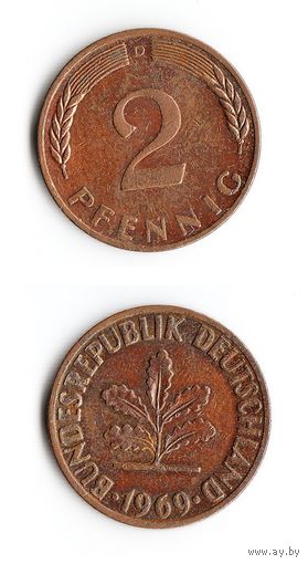 2 пфеннига Германия 1969 года(D)