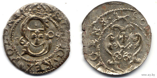 Шеляг 1609, Сигизмунд III Ваза, Рига. Редкий вариант с датой на Ав., R2