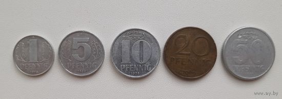 Набор монет ГДР. 1,5,10,20,50 пфеннигов