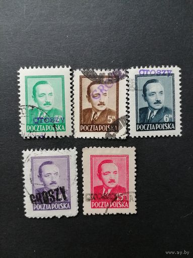 Польша 1950 Неполная серия марок с надпечаткой "GROSZY" 1948 года Mi.519-523 "Президент Болеслав Берут" (гашение одна с клеем остальные без, наклейки) Mi.622-626 каталог 27.00 евро
