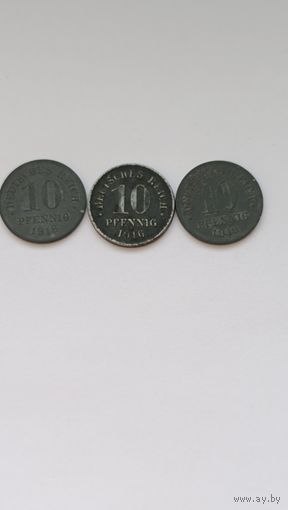 Сборный лот 10 пфеннингов Германия 1916 -1919 годов. Лот состоит из 3-х монет. Монеты не чищены. 729